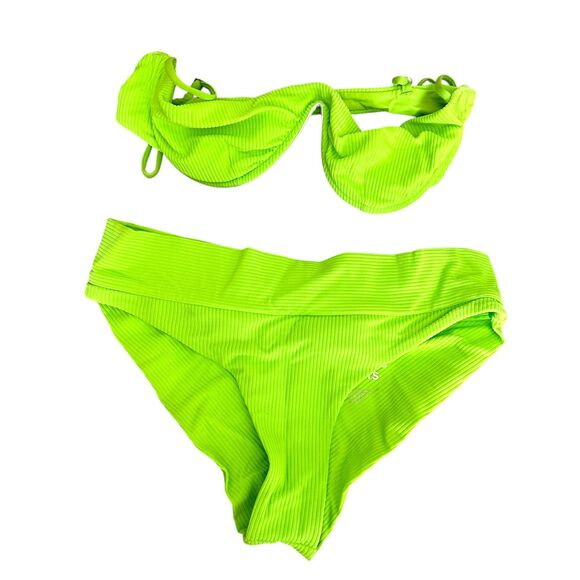 FRANKIES‎ BIKINIS Ribbed Bikini Set Green Glow NWOT Large - Picture 2 of 6